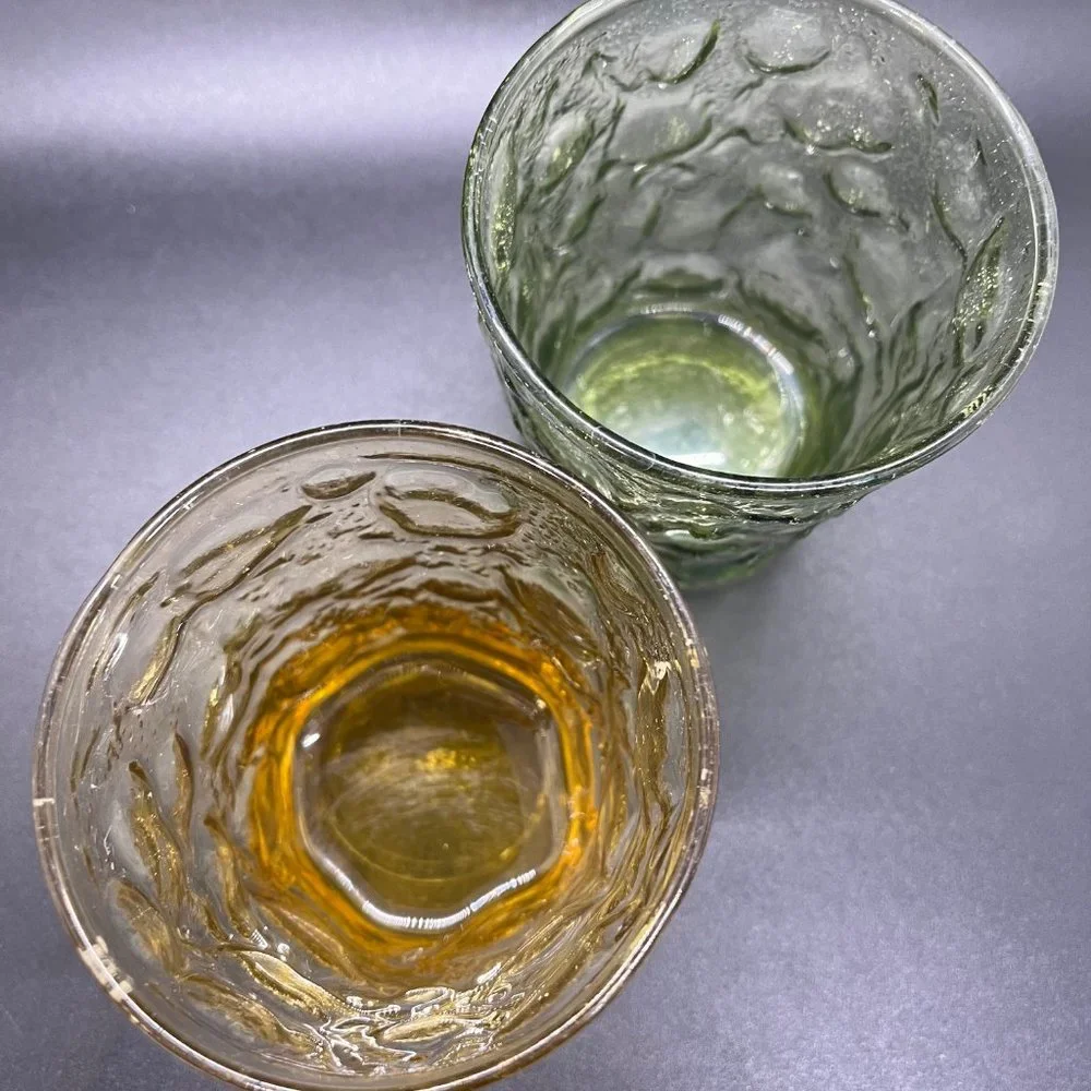 (2) Anchor Hocking Milano Crinkle Honey Gold Amber & Green 7oz Short Rocks Glass